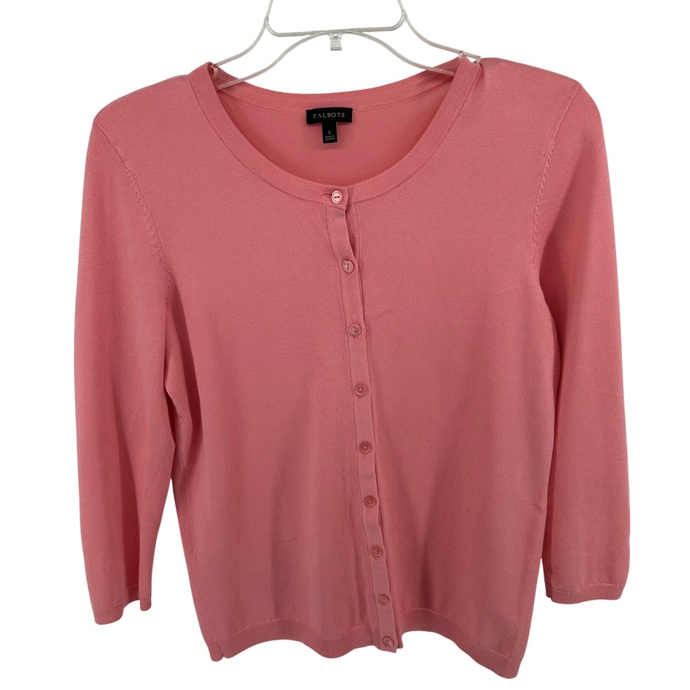 Talbots Womens Soft Girl Coral Pink 3/4 Sleeve Button Front Cardigan Sweater S